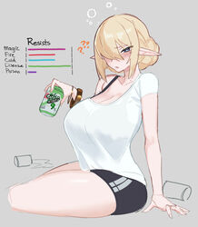  ? ?? absurdres alcohol arm_support beer beer_can blonde_hair blue_eyes blush bra_strap bracelet breasts can cleavage commentary drink_can drunk elf english_commentary female gameplay_mechanics grey_background hair_bun hair_over_one_eye highres holding holding_can huge_breasts jewelry looking_at_viewer mole mole_under_eye original pointy_ears psidubs short_sleeves shorts simple_background sitting solo squeans 