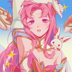  absurdres armpits bare_shoulders blue_background blush bow bowtie breasts cleavage detached_sleeves detached_wings elbow_gloves female gloves gradient_background hair_ornament highres kai&#039;sa large_breasts league_of_legends long_hair pink_bow pink_bowtie pink_eyes pink_hair ruan_chen_yue solo star_(symbol) star_guardian_kai&#039;sa star_guardian_pet star_hair_ornament teeth white_gloves wings 