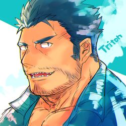  1boy bara beard blue_eyes blue_hair facial_hair hiraga0613 looking_at_viewer male_focus mature_male moustache muscular muscular_male pectoral_cleavage pectorals portrait short_hair sideburns smile solo stubble tokyo_afterschool_summoners triton_(housamo) 