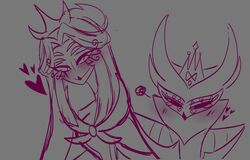  absurd_res anthro avian bird black_eyes blush colored_line_art crown duo eye_contact female grey_background hair headgear heart_symbol helluva_boss hi_res long_hair looking_at_another male owl owl_demon paimon_(helluva_boss) pink_line_art queen_octavia_(teathekook) simple_background teathekook white_eyes 