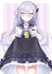  absurdres azusa_(blue_archive) blue_archive blush calciumin closed_mouth clothes_lift feathered_wings female flower grey_hair hair_between_eyes hair_flower hair_ornament halo highres lifting_own_clothes long_hair looking_at_viewer purple_eyes school_uniform skirt skirt_lift solo white_wings wings 