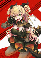  alternate_hairstyle blonde_hair breasts claw_pose claws cleavage detached_sleeves dincat dress earrings female gloves gradient_hair green_dress green_eyes green_gloves grey_pantyhose hair_between_eyes heart hololive horns jewelry kneeling large_breasts lizard_tail long_hair long_tongue looking_at_viewer momosuzu_nene multicolored_hair official_alternate_costume open_mouth pantyhose pink_hair reptile_girl salamander_(vocaloid) see-through see-through_sleeves smile solo spiked_tail tail thighband_pantyhose tongue two_side_up very_long_hair virtual_youtuber 