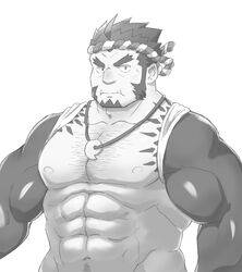  1boy abs bara chest_hair facial_hair forked_eyebrows frown goatee greyscale groin hachimaki headband jewelry large_pectorals long_sideburns magatama magatama_necklace male_focus mature_male monochrome muscular muscular_male navel navel_hair necklace nejiri_hachimaki nipples nude pectorals short_hair sideburns solo stomach tajikarao_(housamo) tokyo_afterschool_summoners tusks upper_body yanutorie 