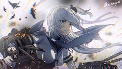  abyssal_patrolling_attack_hawk blue_eyes bodysuit breasts cape chou-10cm-hou-chan_(suzutsuki&#039;s) clothes_writing commentary_request female gloves grey_cape grey_neckerchief hachimaki headband highres kantai_collection long_hair looking_up medium_breasts neckerchief one_side_up school_uniform serafuku shinmai_(kyata) suzutsuki_(kancolle) twitter_username upper_body wavy_mouth white_bodysuit white_gloves white_hair white_headband x_x 