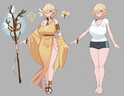  blonde_hair blue_eyes bra_strap breasts broken broken_chain chains collar color_guide commentary dress elf english_commentary female flower full_body grey_background hair_flower hair_ornament hair_over_one_eye highres huge_breasts looking_at_viewer metal_collar mole mole_under_eye multiple_views original pointy_ears psidubs sandals short_sleeves shorts simple_background single-shoulder_dress staff standing 