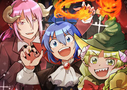  2boys :d absurdres ahoge ascot asmodeus_alice black_nails blue_hair bow braid brooch demon_boy demon_girl female fire green_eyes green_hair hair_between_eyes hat highres horns indoors ishi_bone jewelry magic mairimashita!_iruma-kun multiple_boys pink_eyes pink_hair pointy_ears red_bow red_nails ring sharp_teeth smile sparkle suzuki_iruma teeth valac_clara white_ascot window witch_hat 