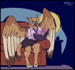  avian barefoot bird book bottomwear clothing digitigrade dress_shirt feathered_wings feathers female furniture greasymojo gryphon holding_book holding_object magic necktie owl reading shirt skirt sofa solo sona_(noxiis) topwear wings 