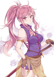  bare_shoulders commentary dress expressionless female fire_emblem fire_emblem:_the_sacred_stones hand_on_own_hip highres holding holding_sword holding_weapon jiino long_hair looking_at_viewer marisa_(fire_emblem) pink_eyes pink_hair ponytail sheath sheathed short_dress simple_background sleeveless sleeveless_dress solo stain sword weapon 