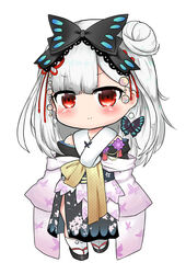  :&gt; alternate_hair_color bailingxiao_jiu bare_shoulders black_bow black_footwear black_kimono blush bow butterfly_earrings chibi closed_mouth commentary earrings female floral_print full_body hair_bun hairbow highres hololive japanese_clothes jewelry kimono long_hair looking_at_viewer off_shoulder print_kimono red_eyes sandals simple_background single_hair_bun single_side_bun smile socks solo standing symbol-only_commentary tabi uruha_rushia uruha_rushia_(new_year) virtual_youtuber white_background white_hair white_socks zouri 