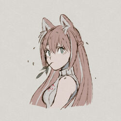  animal_ear_fluff animal_ears bamboo bare_arms bare_shoulders chest_tattoo chewing crest crunchypigeon female green_eyes groin hair_between_eyes highres indie_virtual_youtuber long_hair looking_at_viewer red_panda_ears red_panda_girl solo tattoo upper_body virtual_youtuber yuria_of_ailurus 