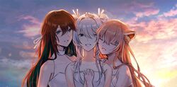  3girls adirosa animal_ear_fluff animal_ears bare_arms closed_eyes highres long_hair multiple_girls open_mouth seru_kisen short_twintails stratogeist twintails virtual_youtuber virtuality_project yuria_of_ailurus 