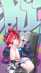  absurdres ahoge black_jacket blue_archive blue_eyes blush bright_pupils calciumin chair double_bun female graffiti hair_bun halo highres holding jacket long_sleeves maki_(blue_archive) office_chair pleated_skirt red_hair school_uniform shoes sidelocks sitting skirt smile sneakers solo spray_can swivel_chair white_skirt 