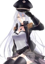  arm_behind_back black_choker black_gloves black_hat black_jacket black_lobelia black_lobelia_(cosplay) black_thighhighs blue_eyes breasts choker closed_mouth collarbone cosplay dress epaulettes feet_out_of_frame female gloves hand_on_headwear hat heterochromia highres jacket jewelry kitagawa_marin long_hair long_sleeves looking_at_viewer medium_breasts military_hat necklace official_alternate_costume open_clothes open_jacket peaked_cap purple_eyes sitting solo sono_bisque_doll_wa_koi_wo_suru suprii thighhighs thighs white_background white_dress white_hair 