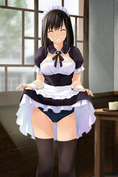  ^_^ alternate_costume apron black_buruma black_dress black_hair black_ribbon blurry blurry_background breasts brown_thighhighs buruma closed_eyes clothes_lift commentary_request depth_of_field dress dress_lift enmaided facing_viewer female frilled_apron frilled_dress frills grin highres indoors lifting_own_clothes long_hair maid maid_apron maid_headdress medium_breasts neck_ribbon nonaka_ritsu original parted_lips puffy_short_sleeves puffy_sleeves ribbon short_sleeves smile solo standing table thighhighs touka_(nonaka_ritsu) white_apron window wrist_cuffs 