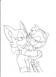  amy_rose anthro bat breasts clothed clothing duo eulipotyphlan female female/female fur gloves handwear hedgehog hi_res kissing looking_at_viewer mammal membrane_(anatomy) membranous_wings monochrome rouge_the_bat sega sonic_the_hedgehog_(series) superbunnygt wings 