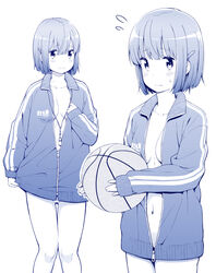  ass_visible_through_thighs ball basketball basketball_(object) blue_theme blush breasts closed_mouth collarbone commentary_request female flying_sweatdrops hair_ornament hairclip holding holding_ball jabittoson jacket long_sleeves monochrome multiple_views navel nearly_naked_coat no_bra original panties partial_commentary simple_background sleeves_past_wrists small_breasts smile sweat thigh_gap track_jacket underwear white_background 