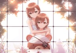  2girls bandaged_head bandages bare_arms bare_shoulders black_tea blurry blurry_foreground brown_eyes brown_hair chair closed_mouth collarbone commentary cup day depth_of_field dress english_commentary eyepatch flower hair_between_eyes hair_flower hair_ornament highres hug hug_from_behind kill_bear marinesnow misaka_imouto misaka_mikoto multiple_girls on_chair parted_lips purple_flower sitting sleeveless sleeveless_dress smile standing stuffed_animal stuffed_toy sunlight tea teacup teapot teddy_bear toaru_kagaku_no_railgun toaru_majutsu_no_index white_dress white_flower window 