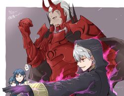  3boys armor aura blue_eyes blue_hair cape chrom_(fire_emblem) dark_aura dated father_and_daughter female fire_emblem fire_emblem_awakening fire_emblem_heroes from_side gloves grima_(fire_emblem) hood hood_up long_hair long_sleeves lucina_(fire_emblem) multiple_boys open_mouth red_eyes robaco robin_(fire_emblem) robin_(male)_(fire_emblem) short_hair simple_background translated walhart_(fire_emblem) white_hair 