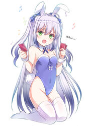  :d animal_ears beamed_eighth_notes blue_bow blue_leotard blush bow breasts card cleavage covered_navel detached_collar fake_animal_ears female flower_knight_girl green_eyes hairbow highleg highleg_leotard kneeling leotard long_hair musical_note open_mouth playing_card quarter_note rabbit_tail satou_satoru scilla_(flower_knight_girl) small_breasts smile solo tail thighhighs treble_clef white_hair white_thighhighs 