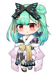  bailingxiao_jiu bare_shoulders black_bow black_footwear black_kimono blush bow butterfly_earrings chestnut_mouth chibi commentary earrings female floral_print full_body green_hair hair_bun hairbow highres hololive japanese_clothes jewelry kimono long_hair looking_at_viewer off_shoulder parted_lips print_kimono red_eyes sandals simple_background single_hair_bun single_side_bun socks solo standing symbol-only_commentary tabi uruha_rushia uruha_rushia_(new_year) virtual_youtuber white_background white_socks zouri 