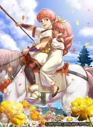  1boy bow celica_(fire_emblem) conrad_(fire_emblem) female fire_emblem fire_emblem_cipher fire_emblem_echoes:_shadows_of_valentia floral_background flower horse lolicon mineri official_art red_eyes red_hair siblings stick tree 