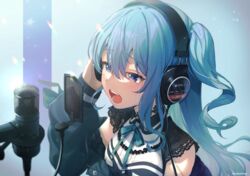  ayataka black_choker black_jacket blue_eyes blue_hair blue_ribbon blush choker commentary_request female headphones highres hololive hoshimachi_suisei hoshimachi_suisei_(casual) jacket long_hair long_sleeves microphone music neck_ribbon off_shoulder official_alternate_costume official_alternate_hair_length official_alternate_hairstyle one_side_up open_clothes open_jacket open_mouth partial_commentary pop_filter ribbon singing solo sparkle star_(symbol) star_in_eye studio_microphone symbol_in_eye the_first_take twitter_username upper_body virtual_youtuber 