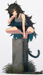  absurdres ahoge animal_ear_fluff animal_ears bare_arms bare_shoulders barefoot black_hair black_skirt breasts cat_ears cat_girl cat_tail collarbone commentary_request drinking_fountain faucet female grey_background grey_tank_top hand_up highres long_hair looking_at_viewer medium_breasts original simple_background skirt solo spread_legs squatting tail tank_top tiptoes tongue tongue_out very_long_hair wet wozora yellow_eyes 