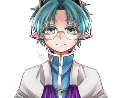  1boy ami_kiriwo aqua_hair badge demon_boy earclip green_eyes hms0rm_(zhi) horns mairimashita!_iruma-kun male_focus pointy_ears short_hair simple_background smile upper_body white_background 