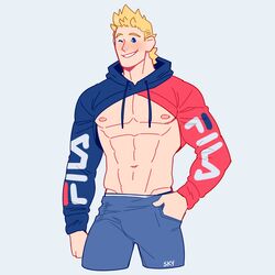  1boy abs absurdres alternate_costume bara bare_pectorals blonde_hair blue_eyes blush boku_no_hero_academia cropped_hoodie cropped_legs denim edie_crop_hoodie facial_hair feraltintinsimp flying_sweatdrops goatee highres hood hoodie jeans large_pectorals male_focus meme_attire multicolored_clothes muscular muscular_male navel navel_hair nipples one_eye_closed pants pectorals revealing_clothes short_hair sideburns smile solo spiked_hair togata_mirio 