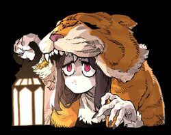  brown_hair brown_nails closed_mouth female fingernails frown highres indivisible long_hair nail_polish pelt razmi_(indivisible) red_eyes sharp_fingernails solo ssambatea tiger_pelt 