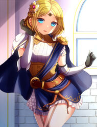  belt blonde_hair blue_eyes boots braid cape castle circlet corset female fire_emblem fire_emblem_warriors flower frilled_skirt frills garter_straps gloves hair_flower hair_ornament hairpin highres lianna_(fire_emblem) parted_lips princess sash short_hair skirt sunflower sunflower_hair_ornament thigh_boots thighhighs thighs tiara tucking_hair upper_body waiting_for_kiss wall yozu_(yozu0420) 