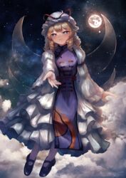  above_clouds absurdres arm_strap backlighting beckoning black_legwear blonde_hair blush closed_mouth cloud cloudy_sky cosplay crescent crescent_pin dress drill_hair fairy fairy_wings female flame_print flying full_body full_moon hair_between_eyes half-closed_eyes hat hat_ribbon highres light_smile long_sleeves looking_at_viewer luna_child mary_janes mob_cap moon moonlight nanaironokabi night night_sky open_hand outstretched_arm puffy_long_sleeves puffy_sleeves purple_eyes reaching reaching_towards_viewer red_ribbon ribbon shoes sky solo star_(sky) starry_sky tabard touhou transparent_wings trigram white_dress white_hat white_legwear wide_sleeves wings yakumo_yukari yakumo_yukari_(cosplay) yin_yang yin_yang_print 