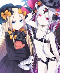  2girls abigail_williams_(fate) abigail_williams_(swimsuit_foreigner)_(fate) abigail_williams_(swimsuit_foreigner)_(first_ascension)_(fate) bare_shoulders bikini black_bikini black_bow black_dress black_headwear blonde_hair blue_eyes bow breasts collarbone colored_skin double_bun dress dual_persona fate/grand_order fate_(series) forehead hair_bun hairbow hat keyhole long_hair long_sleeves looking_at_viewer mita_(matsuri68) multiple_girls multiple_hair_bows navel orange_bow parted_bangs polka_dot polka_dot_bow red_eyes ribbed_dress sidelocks sleeves_past_fingers sleeves_past_wrists small_breasts smile stuffed_animal stuffed_toy swimsuit teddy_bear thighs third_eye very_long_hair white_hair white_skin 