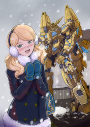  bag blonde_hair blue_eyes blush building coat commentary_request earmuffs female gacha-m green_eyes gundam gundam_narrative heart long_hair long_sleeves looking_at_viewer mecha mechanical_wings mittens nt-d photoshop_(medium) rita_bernal robot shield shoulder_bag snow solo standing statue unicorn_gundam_phenex upper_body wavy_hair wings winter winter_clothes winter_coat 