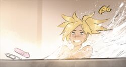  bathing bathtub blonde_hair blue_eyes clenched_teeth commentary completely_nude constricted_pupils english_commentary female i&#039;m_not_at_the_beach_this_is_a_bathtub_(meme) implied_orgasm long_hair meme mercy_(overwatch) nude overwatch overwatch_1 parody partially_submerged ponytail psuede solo teeth water 