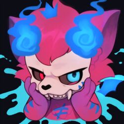  1:1 angry anthro blue_eyes bone cat_skull crown envy_(yamikadesu) ethereal ethereal_hair fangs felid feline felis fuchsia_fur fuchsia_hair ghost hand_on_head headgear heterochromia hi_res horn hybrid inequality_sign magic male mammal murid murine rat red_eyes rodent skeleton skull solo spirit teeth wings zombiemiso 