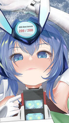  absurdres ayachimikami azur_lane blue_eyes blue_hair chinese_commentary closed_mouth commentary_request conveyor_belt cube female gameplay_mechanics giant giantess gloves headgear heart heart_in_eye highres long_hair new_jersey_(azur_lane) sexually_suggestive solo symbol_in_eye upper_body vore white_gloves wisdom_cube_(azur_lane) 