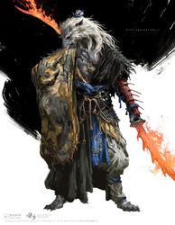  accessory anthro black_claws black_myth:_wukong blue_hair_tie claws clothed clothing copyright_symbol curved_sword double_sword ears_back fabric fire flaming_sword fur grey_body grey_fur hair hair_accessory hair_tie hi_res holding_melee_weapon holding_object holding_sword holding_weapon hot_metal jewelry male mammal melee_weapon pivoted_ears red_eyes rope solo sword symbol unknown_artist weapon white_body white_fur white_hair wiping_mouth wolfman 