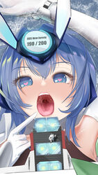  1boy absurdres ayachimikami azur_lane blue_eyes blue_hair chinese_commentary commander_(azur_lane) commentary_request conveyor_belt cube female gameplay_mechanics giant giantess gloves hat headgear heart heart_in_eye highres imminent_vore jacket long_hair military military_jacket military_uniform naval_uniform new_jersey_(azur_lane) open_mouth oral_invitation peaked_cap saliva sexually_suggestive size_difference symbol_in_eye teeth tongue tongue_out uniform uvula white_gloves wisdom_cube_(azur_lane) 