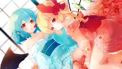  aqua_hair blonde_hair flandre_scarlet flowers gengetsu_chihiro japanese_clothes pointed_ears ponytail red_eyes remilia_scarlet short_hair touhou vampire wings 