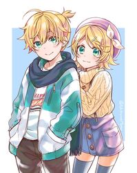  1boy :3 aqua_eyes beret black_pants blonde_hair blue_scarf blue_thighhighs blush bow casual closed_mouth commentary cowboy_shot female hair_ornament hairbow hairclip hand_on_another&#039;s_back hands_in_pockets hat heart heart_necklace jacket jewelry kagamine_len kagamine_rin knit_sweater leaning_forward looking_at_viewer momomochi multicolored_clothes multicolored_jacket necklace pants pink_headwear scarf shirt short_hair short_ponytail skirt smile standing swept_bangs t-shirt thighhighs turtleneck twitter_username two-tone_jacket vocaloid white_bow zettai_ryouiki zipper 