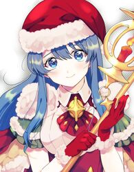  aqua_hair bad_id bad_twitter_id blue_eyes candle closed_mouth eirika_(fire_emblem) eirika_(winter)_(fire_emblem) female fire_emblem fire_emblem:_the_sacred_stones fire_emblem_heroes fur_trim gloves hasebe_(17_feh) hat highres holding holding_staff long_hair pom_pom_(clothes) red_gloves red_hat santa_costume santa_hat smile solo staff upper_body 