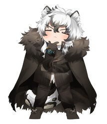  1boy :&lt; absurdres animal_ears arknights black_cape black_footwear black_gloves black_hair black_jacket black_pants blush boots cape chibi closed_eyes closed_mouth commentary_request facing_viewer full_body fur-trimmed_cape fur_trim gloves hair_between_eyes hand_on_own_chin highres jacket leopard_boy leopard_ears leopard_tail long_sleeves male_focus multicolored_hair pants puffy_long_sleeves puffy_sleeves shirt silverash_(arknights) simple_background sleeves_past_wrists snow_leopard_boy snow_leopard_ears snow_leopard_tail solo standing streaked_hair tail takumi_mizuki torn_cape torn_clothes v-shaped_eyebrows white_background white_hair white_shirt 