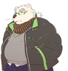  2019 anthro bear blue_eyes bottomwear cddi_h clothing eyewear glasses leib_(tas) lifewonders male mammal overweight overweight_anthro overweight_male pants polar_bear scarf simple_background smoking solo sweater tokyo_afterschool_summoners topwear ursine white_background 