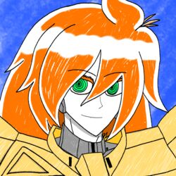  armor blue_background cyborg gold_armor green_eyes highres ludwin_(demi) male_focus md5_mismatch orange_hair shishiou_gai smile yuusha_ou_gaogaigar yuusha_series 