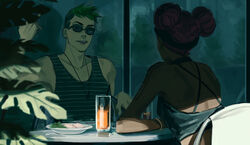  1boy 2gou absurdres apex_legends bad_id bad_tumblr_id breasts collarbone crop_top cup double_bun facial_hair female food green_hair grey_tank_top hair_behind_ear hair_bun highres lifeline_(apex_legends) middle_finger octane_(apex_legends) parted_lips pectoral_cleavage pectorals plate red_hair shadow small_breasts smile stubble sunglasses tank_top undercut 