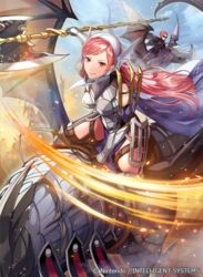  armor axe battle_axe blue_sky cape cherche_(fire_emblem) closed_mouth cloud commentary_request company_connection company_name day dragon female fire_emblem fire_emblem_awakening fire_emblem_cipher gauntlets gerome_(fire_emblem) hairband helswath holding holding_weapon lips long_hair looking_at_viewer mask matsurika_youko minerva_(fire_emblem_awakening) official_art outdoors pelvic_curtain pink_hair red_eyes short_hair sky slashing smile solo weapon wings wyvern 