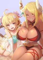  2girls ahoge andira_(granblue_fantasy) andira_(summer)_(granblue_fantasy) animal_ears bikini blonde_hair breast_suppress breasts cleavage criss-cross_halter dark-skinned_female dark_skin detached_sleeves draph erune flower gollizo granblue_fantasy grin hair_flower hair_ornament halterneck highres horn_ornament horn_ribbon horns kumbhira_(granblue_fantasy) kumbhira_(summer)_(granblue_fantasy) large_breasts layered_bikini leg_ribbon monkey_ears monkey_tail multicolored_hair multiple_girls official_alternate_costume one-piece_swimsuit orange_eyes parted_bangs pink_hair pointy_ears red_eyes ribbon see-through see-through_sleeves skindentation smile swimsuit tail thigh_ribbon thighs twitter_username two-tone_hair 