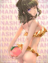  absurdres airport96 alice_gear_aegis alternate_costume ass bikini brown_hair commentary_request female food frilled_bikini frills fruit highres holding holding_food one_eye_closed orange_bikini peach plaid plaid_bikini purple_eyes shimoochiai_touka smile solo standing swimsuit 