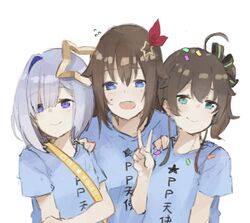  3girls ahoge amane_kanata blue_eyes blue_hair blue_shirt blush brown_hair closed_mouth clothes_writing colored_inner_hair commentary_request flying_sweatdrops grey_hair hair_between_eyes hair_flaps hair_ornament hair_ribbon halo highres hololive kase_(kurimuzone_oruta) long_hair looking_at_viewer looking_away matching_outfits multicolored_hair multiple_girls natsuiro_matsuri open_mouth pp_tenshi_t-shirt print_shirt purple_eyes raised_eyebrows ribbon sash shirt short_hair short_hair_with_long_locks short_sleeves shoulder_sash side_ponytail simple_background smile star_(symbol) star_hair_ornament sweatdrop t-shirt tokino_sora translated v virtual_youtuber white_background 